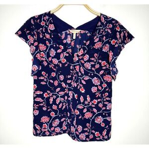 Rebecca Taylor Blue Floral Flutter Sleeve 100% Silk Blouse Top Size‎ Size 2